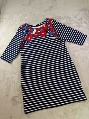 Talbots Navy & White Striped Dress with Red Floral Yoke